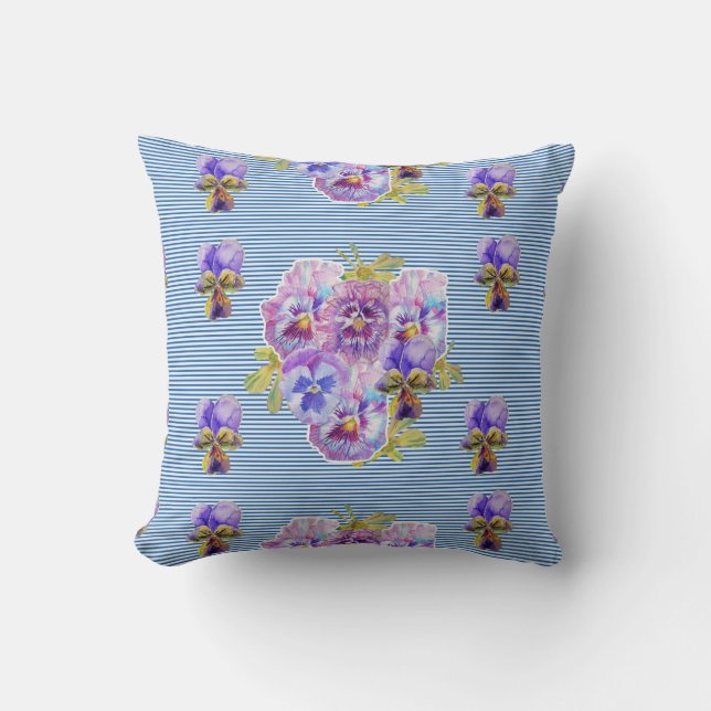 Shabby Chic Navy Floral Stripes flowers Cushion (Front)
