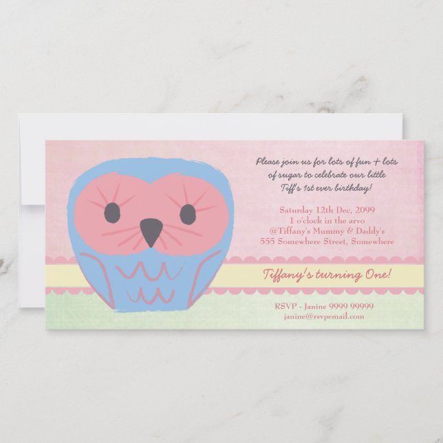 Shabby Chic Owl 1st Birthday Party Invite (Front)