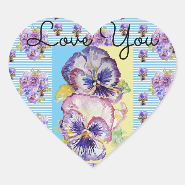 Shabby Chic Pansy Blue Love Heart Envelope Sticker (Front)