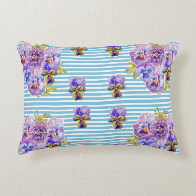 Shabby Chic Pansy Pastel Blue Stripe art Cushion (Front)