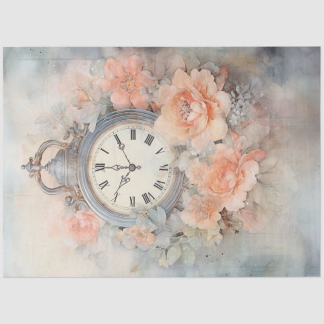 Shabby chic pastel green peach antique clock tissue paper (Front)