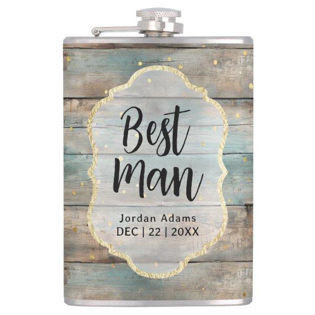 Shabby Chic Pastel Wood Wedding Best Man Hip Flask (Front)