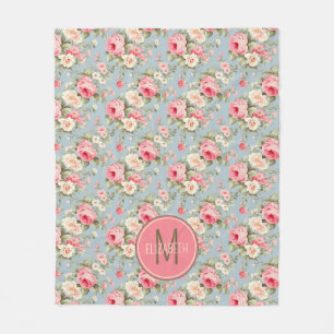 Shabby Chic Pink and Blue Cottage Roses Monogram Fleece Blanket