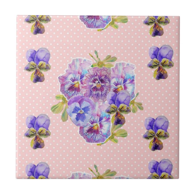 Shabby Chic Pink dot Pansy art floral Ceramic Tile (Front)