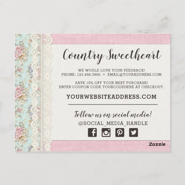 Shabby Chic Pink Floral Boutique Thank You Postcard (Back)