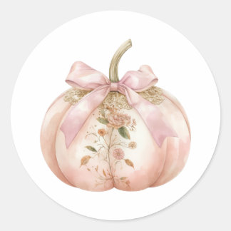 Shabby Chic Pink Floral Pumpkin Coquette Autumn Classic Round Sticker