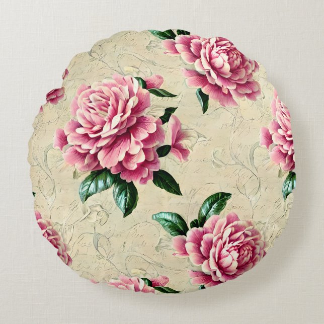 Shabby Chic Pink Gardenias Round Pillow (Front)