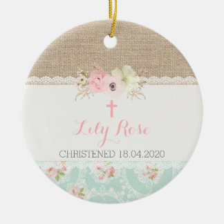 Shabby Chic Pink, Mint, Lace & Burlap Religious Ceramic Ornament