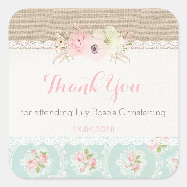 Shabby Chic Pink & Mint Square Sticker (Front)
