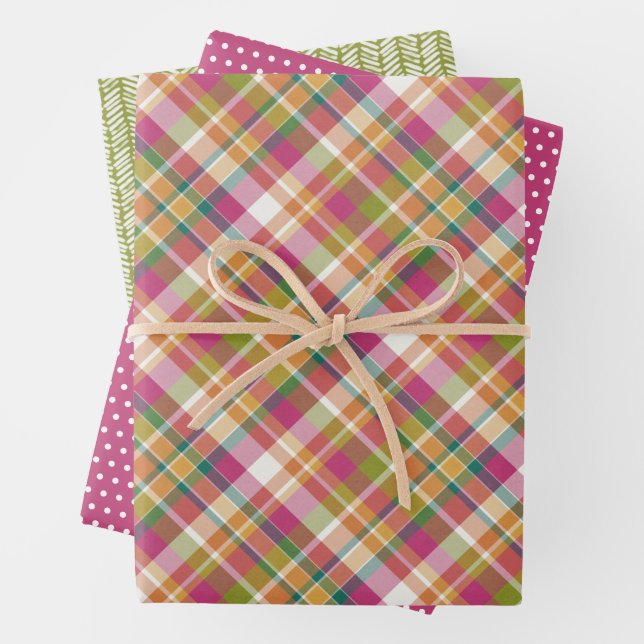 Shabby Chic Pink Orange Teal Green White Gingham Wrapping Paper Sheet (In situ)