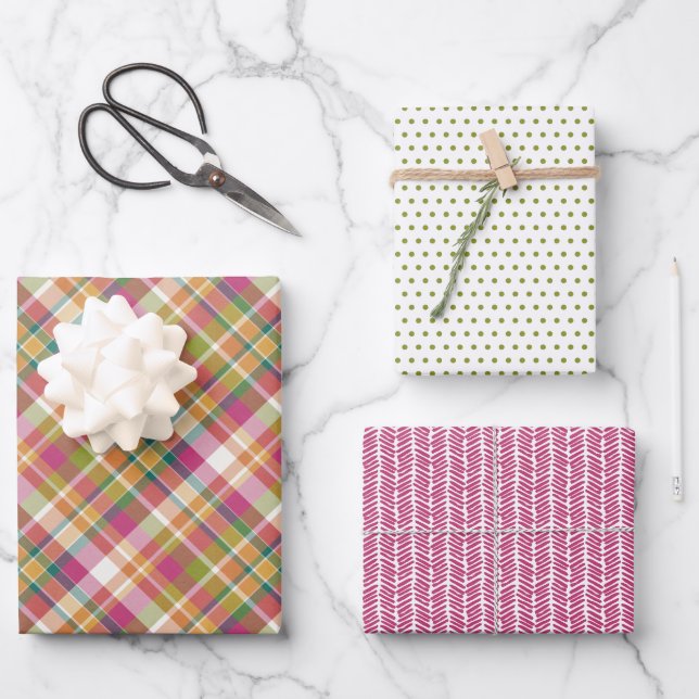 Shabby Chic Pink Orange Teal Green White Gingham Wrapping Paper Sheet (Front)
