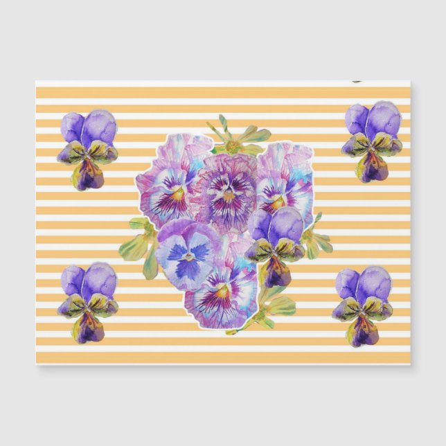 Shabby Chic Pink Pansy Floral Yellow Stripe Magnet (Front)