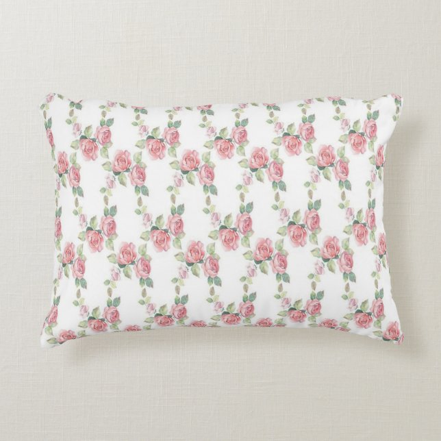 Shabby Chic Pink Rose Floral Accent Pillow (Front)