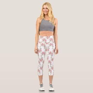 Shabby Chic Pink Rose Floral Capri Leggings