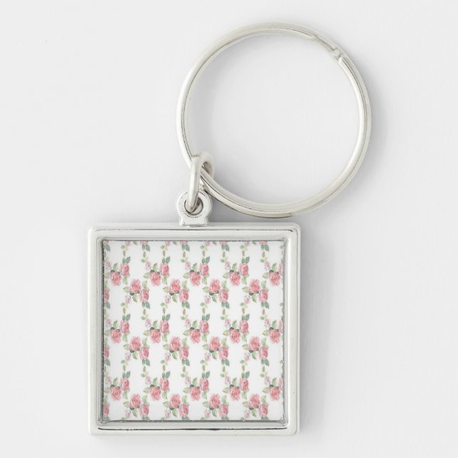 Shabby Chic Pink Rose Floral Keychain (Front)