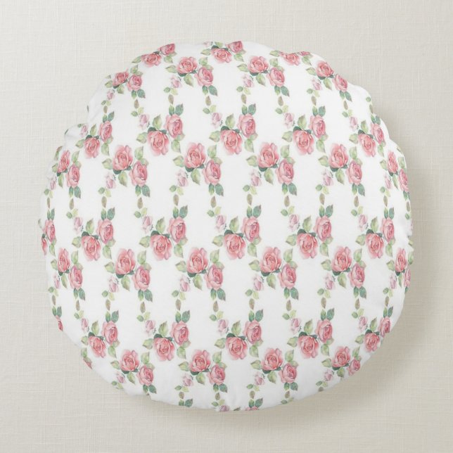 Shabby Chic Pink Rose Floral Round Pillow (Front)
