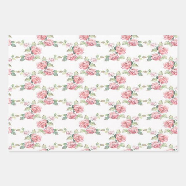 Shabby Chic Pink Rose Floral Wrapping Paper Sheet (Front)