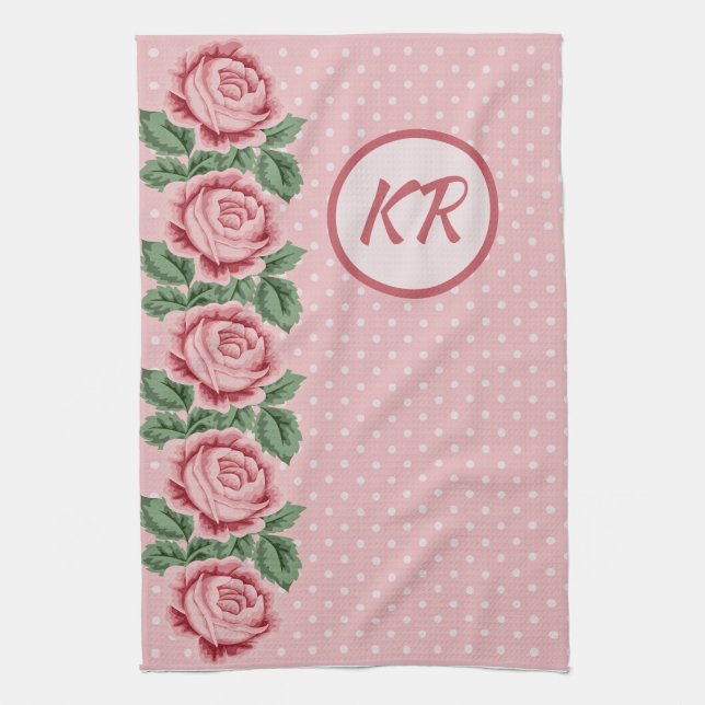 Shabby Chic Pink Rose Polka Dot Monogrammed Kitchen Towel (Vertical)