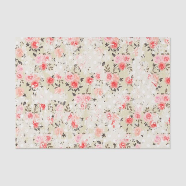 Shabby Chic Pink Roses Beige Polka Dots Tissue Paper (Front)