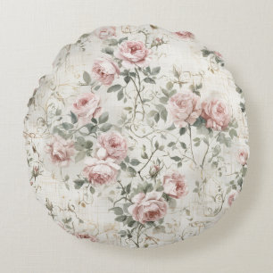Shabby Chic Pink Roses Cottagecore Round Pillow