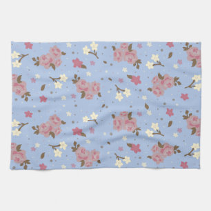 Shabby Chic Pink Roses on Baby Blue Background Kitchen Towel
