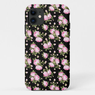 Shabby Chic Pink Roses on Black iPhone 11 Case