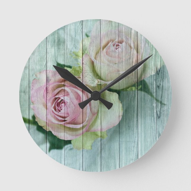 Shabby Chic Pink Roses On Blue Wood Round Clock (Front)
