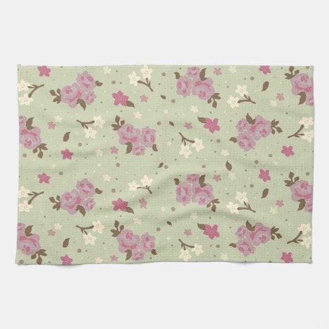 Shabby Chic Pink Roses Pattern Kitchen Towel (Horizontal)