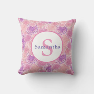 Shabby Chic Pink Roses Personalized Monogram Throw Pillow