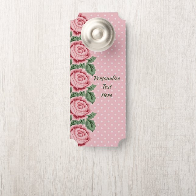 Shabby & Chic Pink Roses Polka Dots Personalized Door Hanger (On Knob)