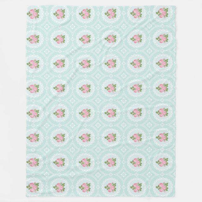 Shabby Chic Pink Roses Teal Large Fleece Blanket (Front)