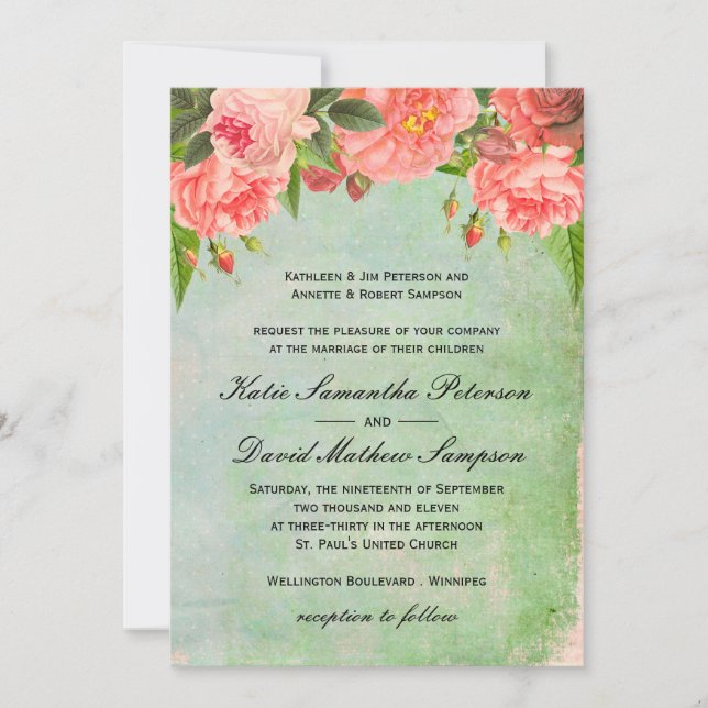 Shabby Chic Pink Roses Wedding Invitation (Front)