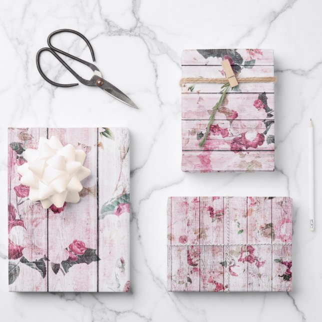 Shabby Chic Pink Roses Wrapping Paper Sheet (Front)