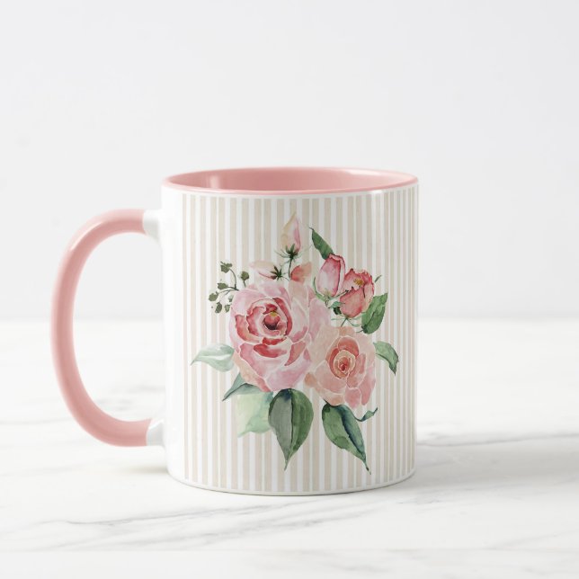 Shabby chic pink-striped personalized floral  mug (Left)