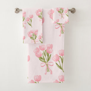 Shabby Chic Pink Tulip Bouquet Floral Bath Towel Set