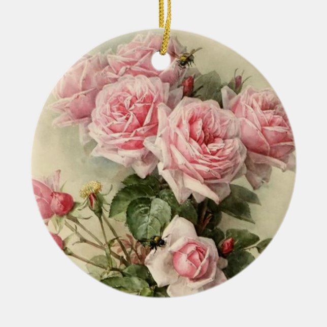 Shabby Chic Pink Victorian Roses Ceramic Ornament (Front)