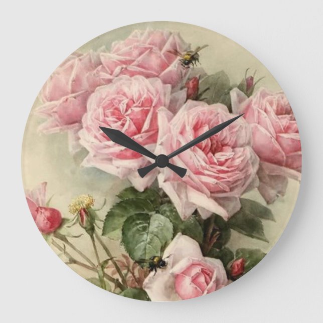 Shabby Chic Pink Victorian Roses Large Clock (Front)