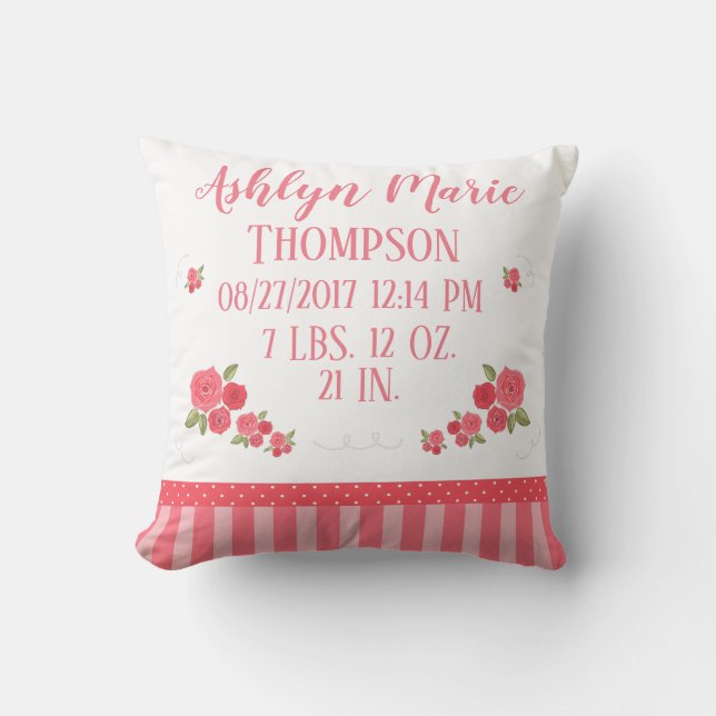 Shabby Chic Pink White Floral Flower Birth Stats Throw Pillow (Front)