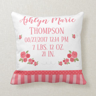 Shabby Chic Pink White Floral Flower Birth Stats Throw Pillow