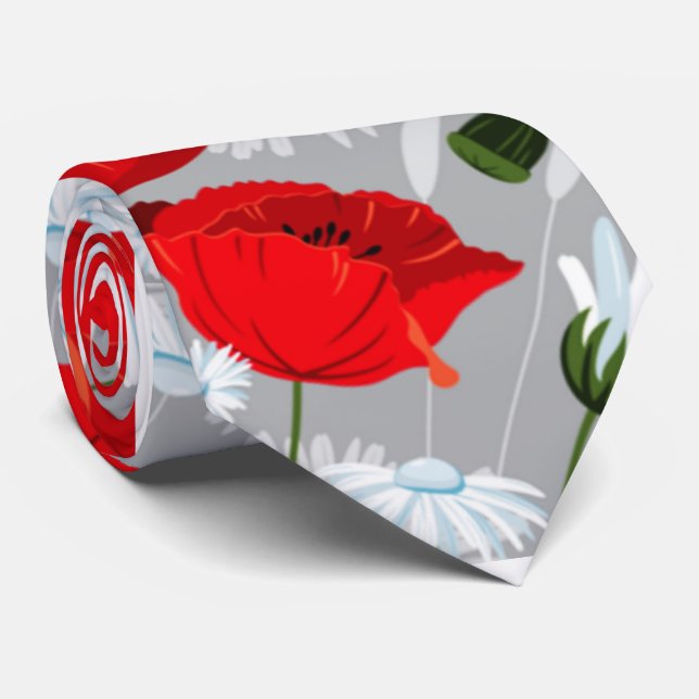 shabby chic poppies and daisies red and white tie (Rolled)