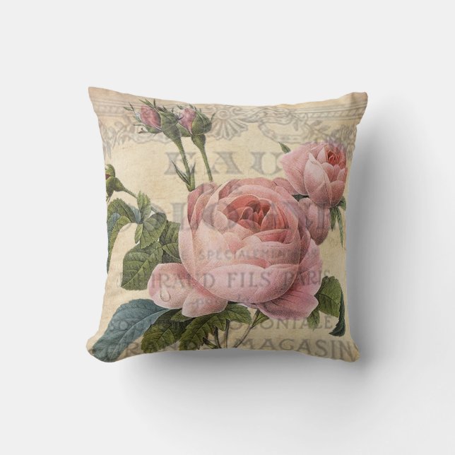 Shabby chic,  pretty pink rose, french inspired throw pillow (Front)