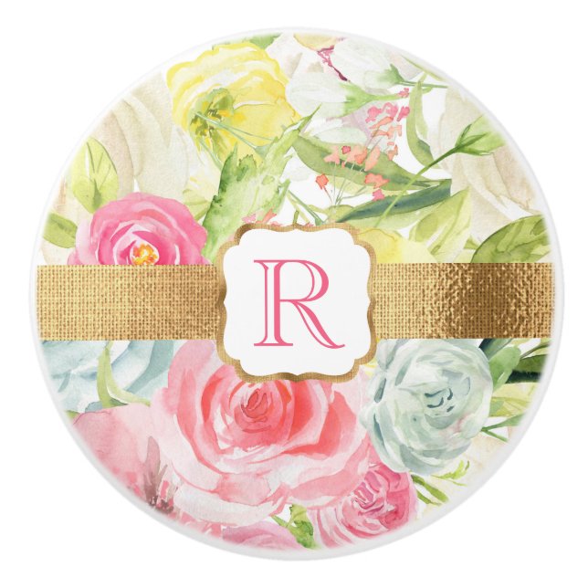 Shabby Chic Pretty Pink Watercolor Roses Monogram Ceramic Knob (Front)
