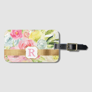 Shabby Chic Pretty Pink Watercolor Roses Monogram Luggage Tag