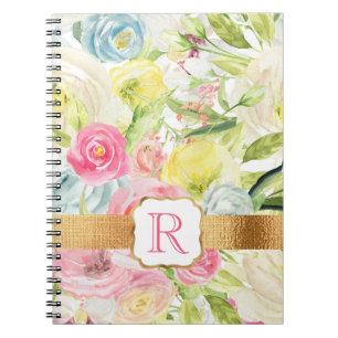 Shabby Chic Pretty Pink Watercolor Roses Monogram Notebook