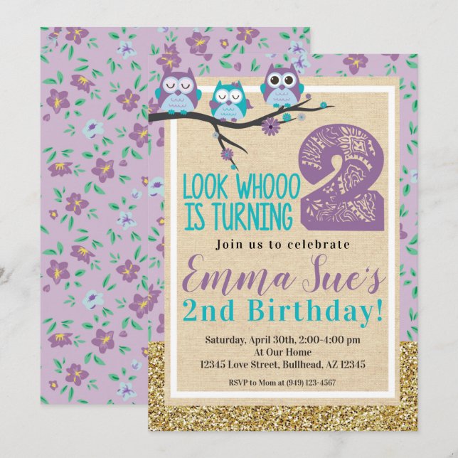 Shabby Chic Purple Owl 2nd Birthday Invitation (Front/Back)