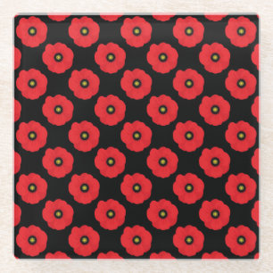 Shabby Chic Red and Black Poppies Floral Glass Coaster