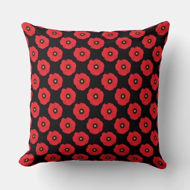 Shabby Chic Red and Black Poppies Pattern Throw Pillow (Front)