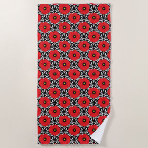 Shabby Chic Red, Black & White Poppies Floral Beach Towel