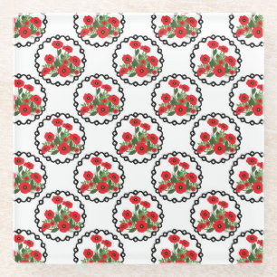 Shabby Chic Red, Black & White Poppies Floral Glass Coaster