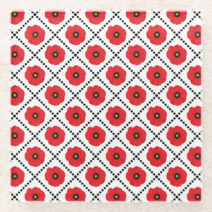 Shabby Chic Red, Black & White Poppies Floral Glass Coaster